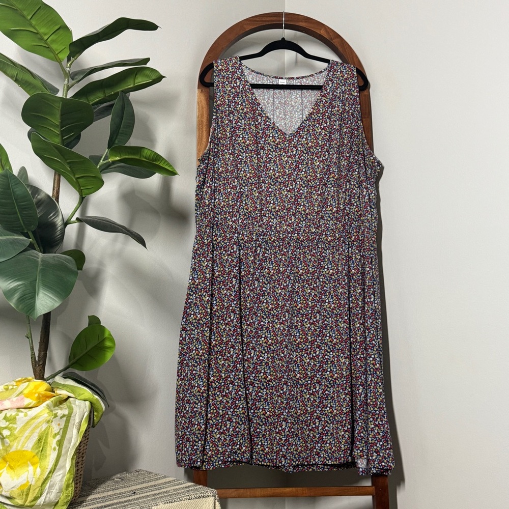 Old Navy XXL Blue Ditsy Floral Sleeveless V Neck Stretch Waist Dress